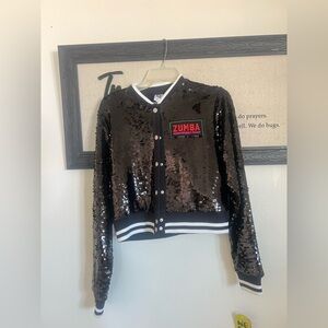 Zumba Fitness Black Sequin Varsity Bomber Jacket